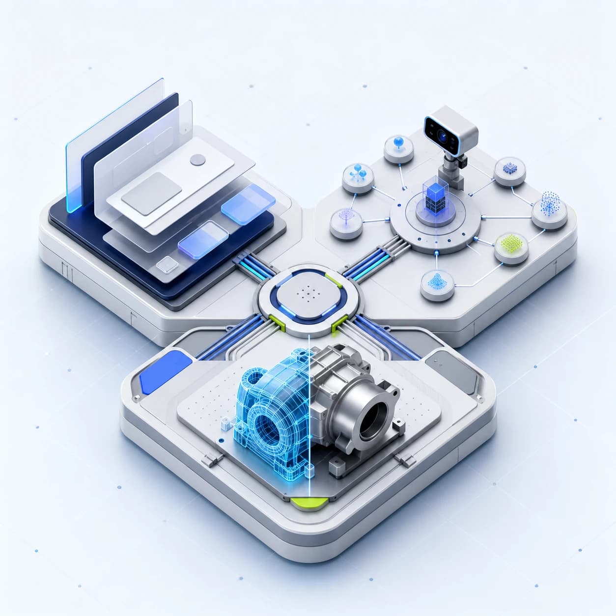 Architecture numérique 3D reliant un produit web, un moteur d’intelligence artificielle et un asset SimReady